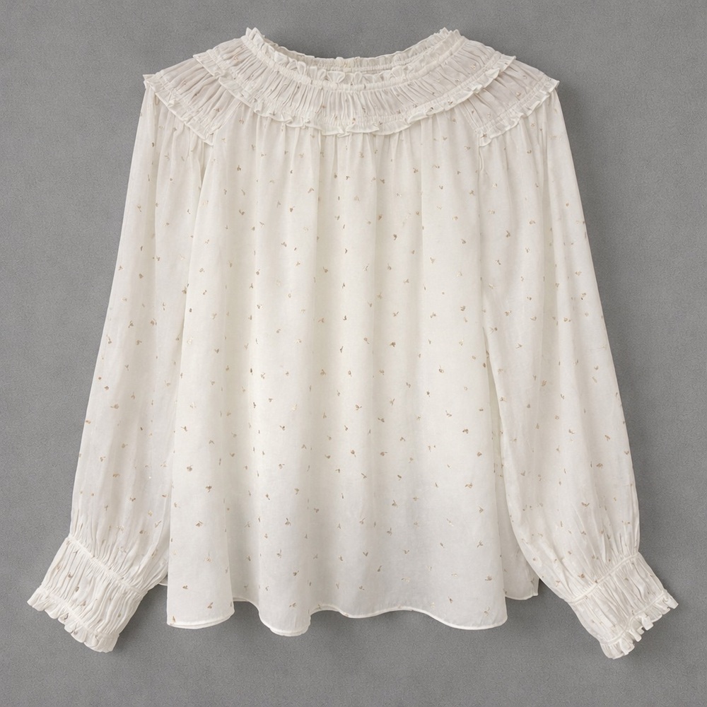 Current Air White Ruffle Neck Blouse Small Metallic Dot Cottagecore Boho - Picture 2 of 7